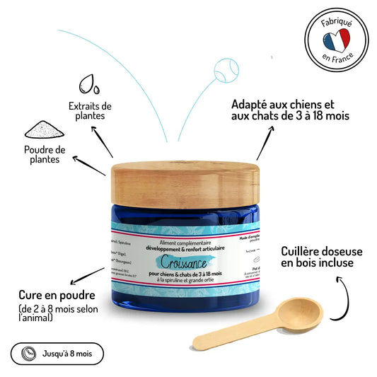 Croissance complément alimentaire français en poudre pour chiots et chatons 3-18 mois avec cuillère doseuse bois - extraits de plantes naturels