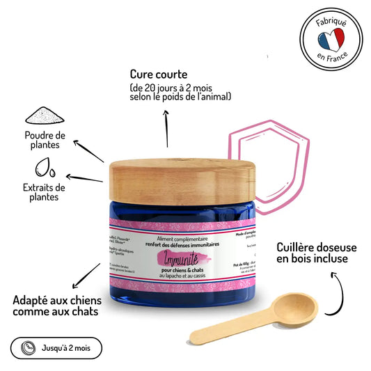 Immunité complément alimentaire français en poudre pour chiens et chats avec cuillère doseuse - cure courte 20 jours à 2 mois