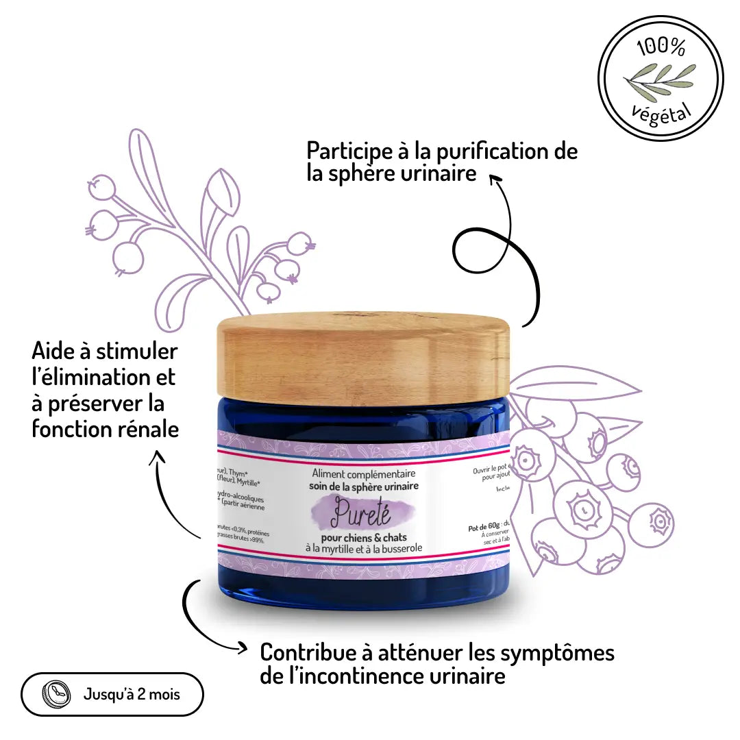 Complément Pureté 100% végétal - Purifie sphère urinaire, stimule fonction rénale, atténue incontinence naturellement - CasualPets