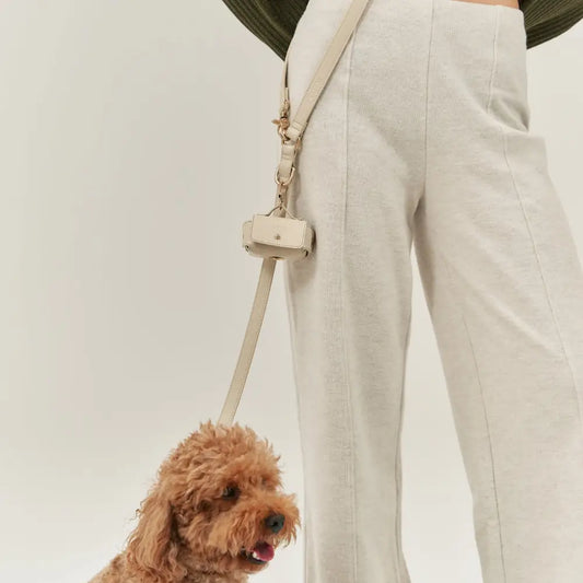 Laisse mains libres bandoulière cuir végan beige avec porte sac à déjections amovible - Accessoire chien urbain - CasualPets