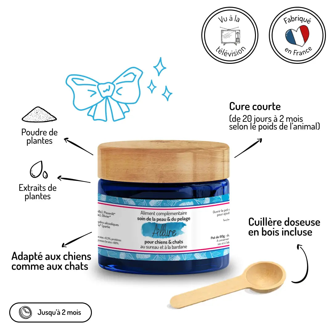 Complément Allure fabrication française vu à la TV - Extraits de plantes naturels, cure courte 20 jours à 2 mois, cuillère incluse - CasualPets