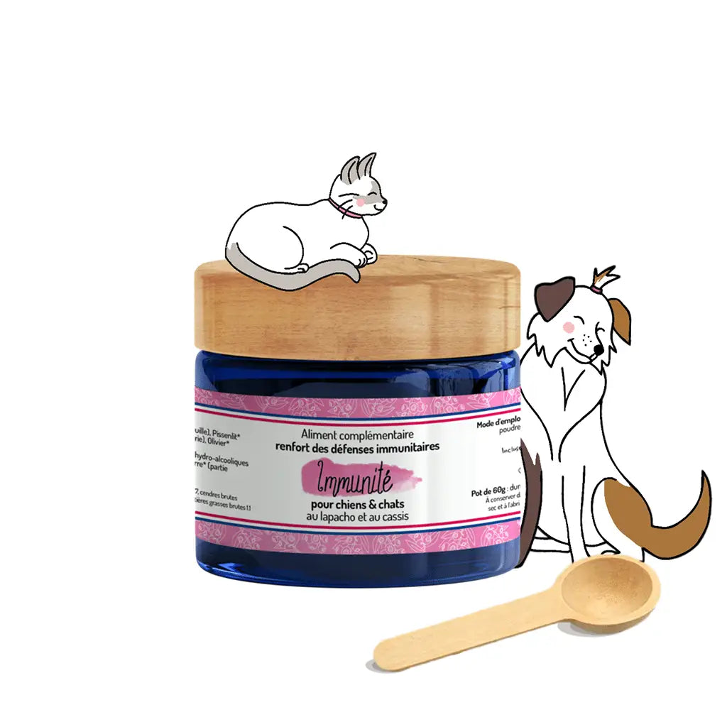 Immunité complément alimentaire pour chiens et chats - renfort défenses immunitaires au lapacho et cassis avec cuillère doseuse