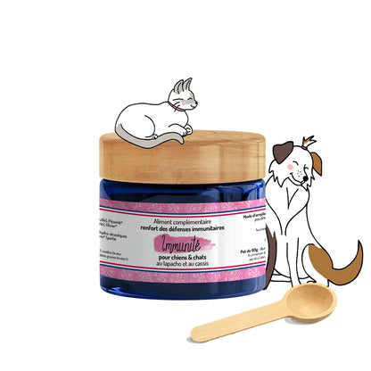 Immunité complément alimentaire pour chiens et chats - renfort défenses immunitaires au lapacho et cassis avec cuillère doseuse