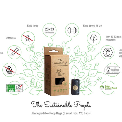Sacs à déjections chien chat The Sustainable People biodégradables - Extra résistants 18µm, sans OGM, compostables, certifiés FSC - CasualPets