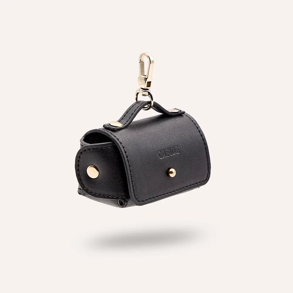 Porte-sac déjections cuir végan noir mousqueton - Accessoire laisse chien premium élégant - CasualPets