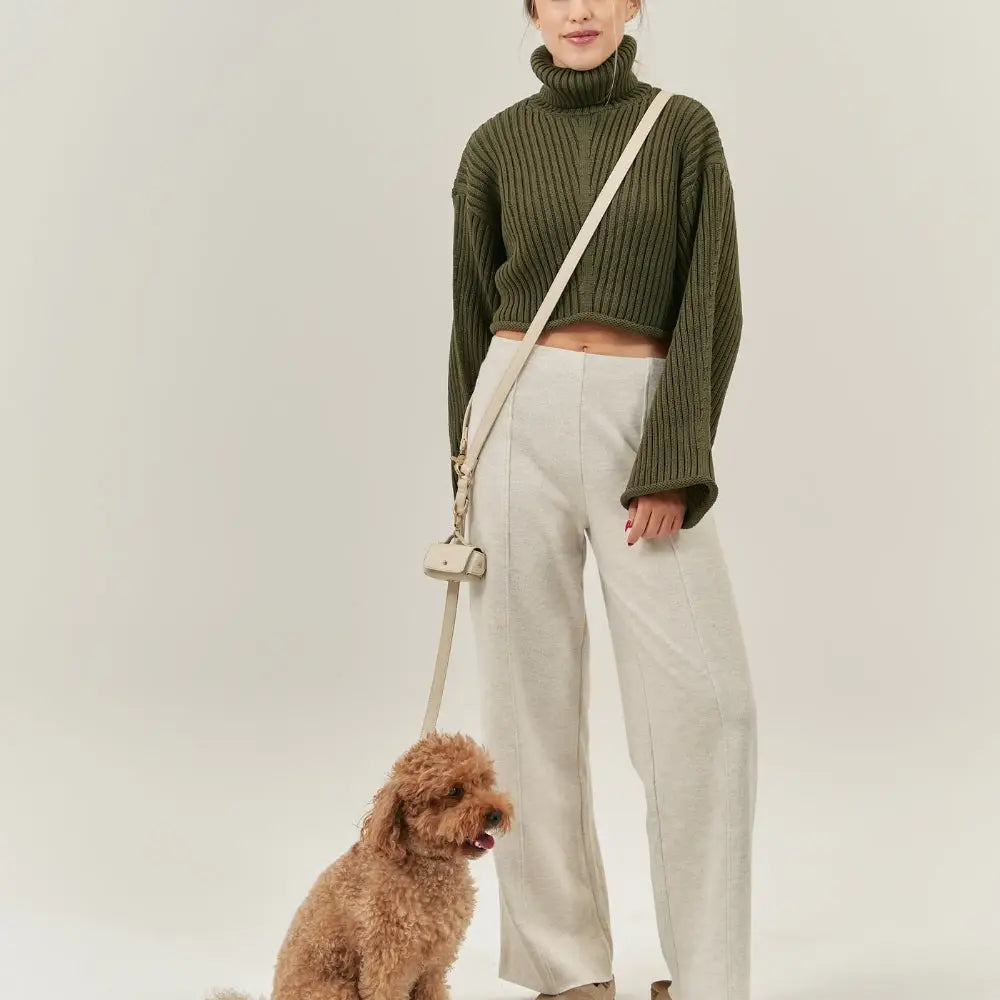 Laisse mains libres bandoulière cuir végan beige avec porte sac à déjections amovible - Accessoire chien urbain - CasualPets