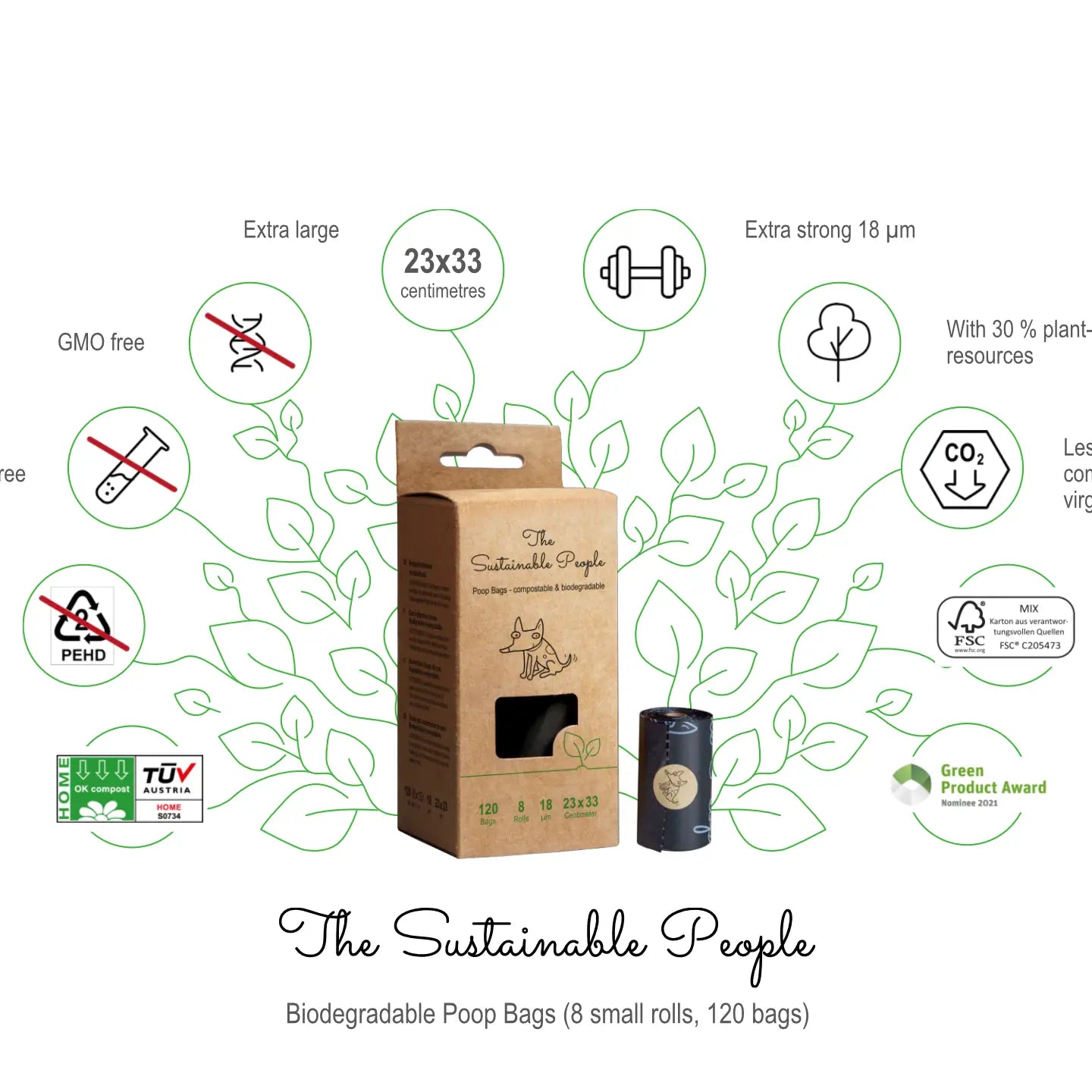 Sacs à déjections chien chat The Sustainable People biodégradables - Extra résistants 18µm, sans OGM, compostables, certifiés FSC - CasualPets