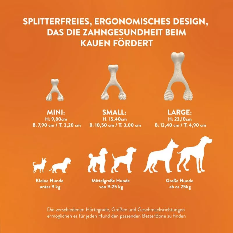 Guide des tailles os à mâcher BetterBone chien - 3 tailles disponibles Mini, Small et Large selon le poids - CasualPets