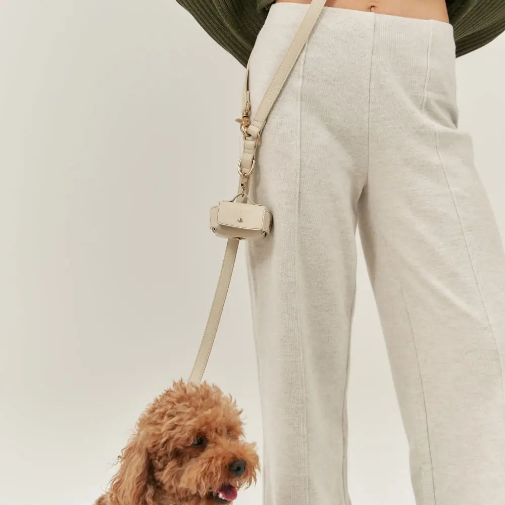 Laisse mains libres multiposition et porte sac cuir végan beige - Accessoire promenade chien pratique - CasualPets