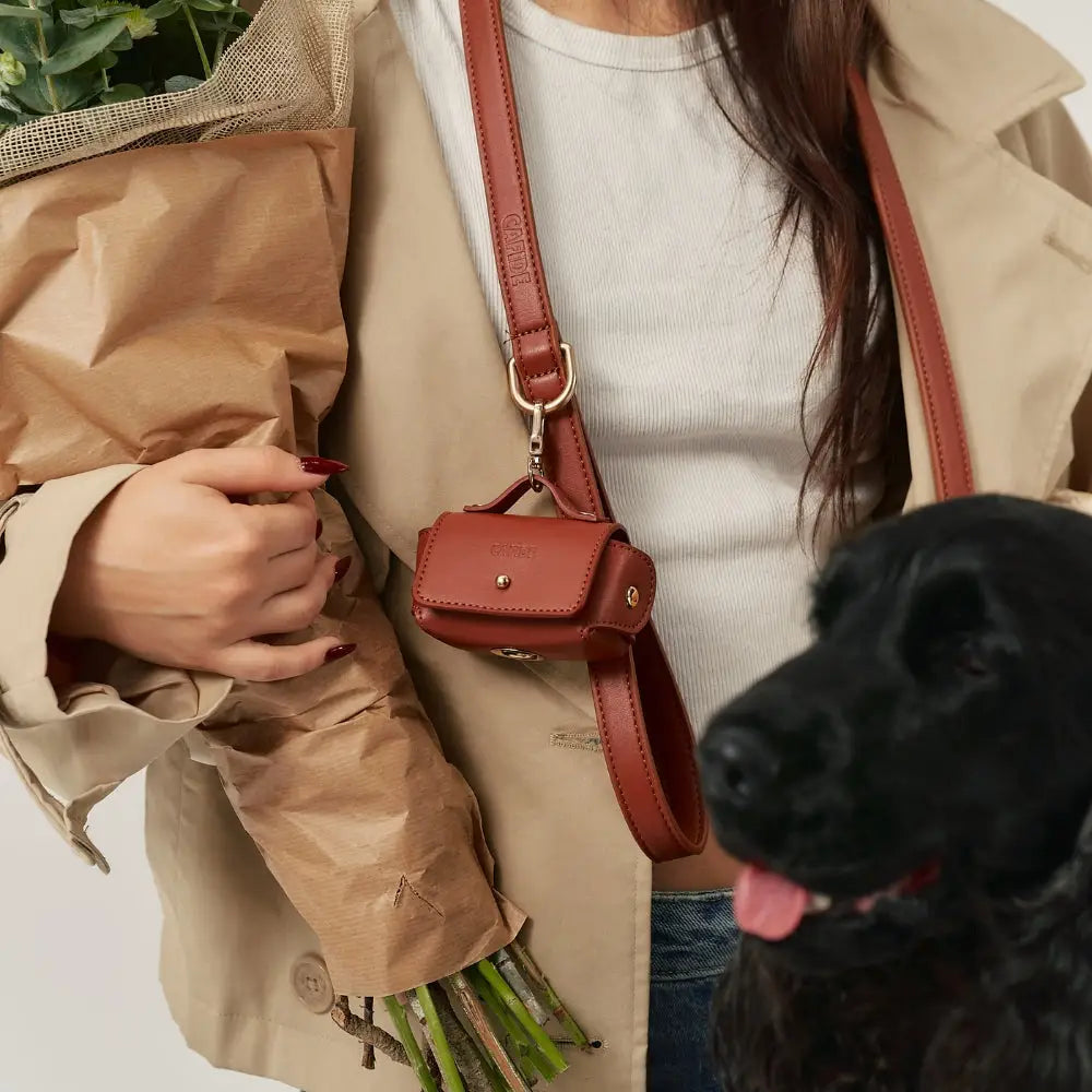 Laisse cuir végan marron cognac avec porte sac à déjections amovible - Accessoire urbain - CasualPets