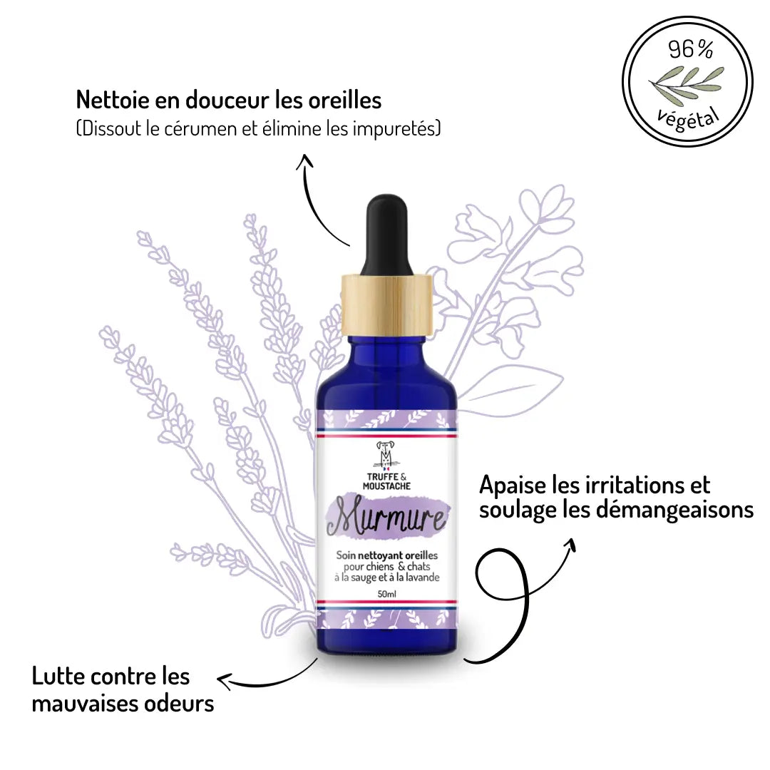 Soin oreilles Murmure 96% végétal - Nettoie, apaise irritations et élimine odeurs naturellement - CasualPets