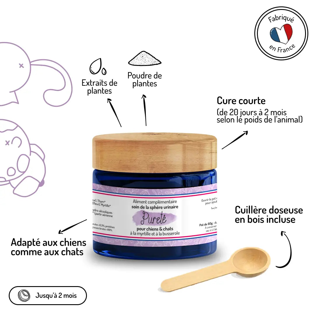 Complément Pureté fabrication française - Extraits de plantes naturels, cure courte 20 jours à 2 mois, cuillère doseuse incluse - CasualPets