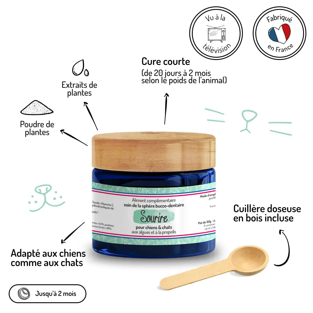 Complément Sourire fabrication française vu à la TV - Extraits de plantes naturels, cure courte 20 jours à 2 mois, cuillère incluse - CasualPets